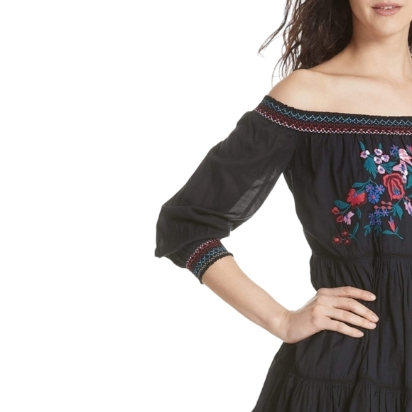 Free People Sunbeams Floral Embroidered Black Off The Shoulder Mini Dress - Picture 6 of 10